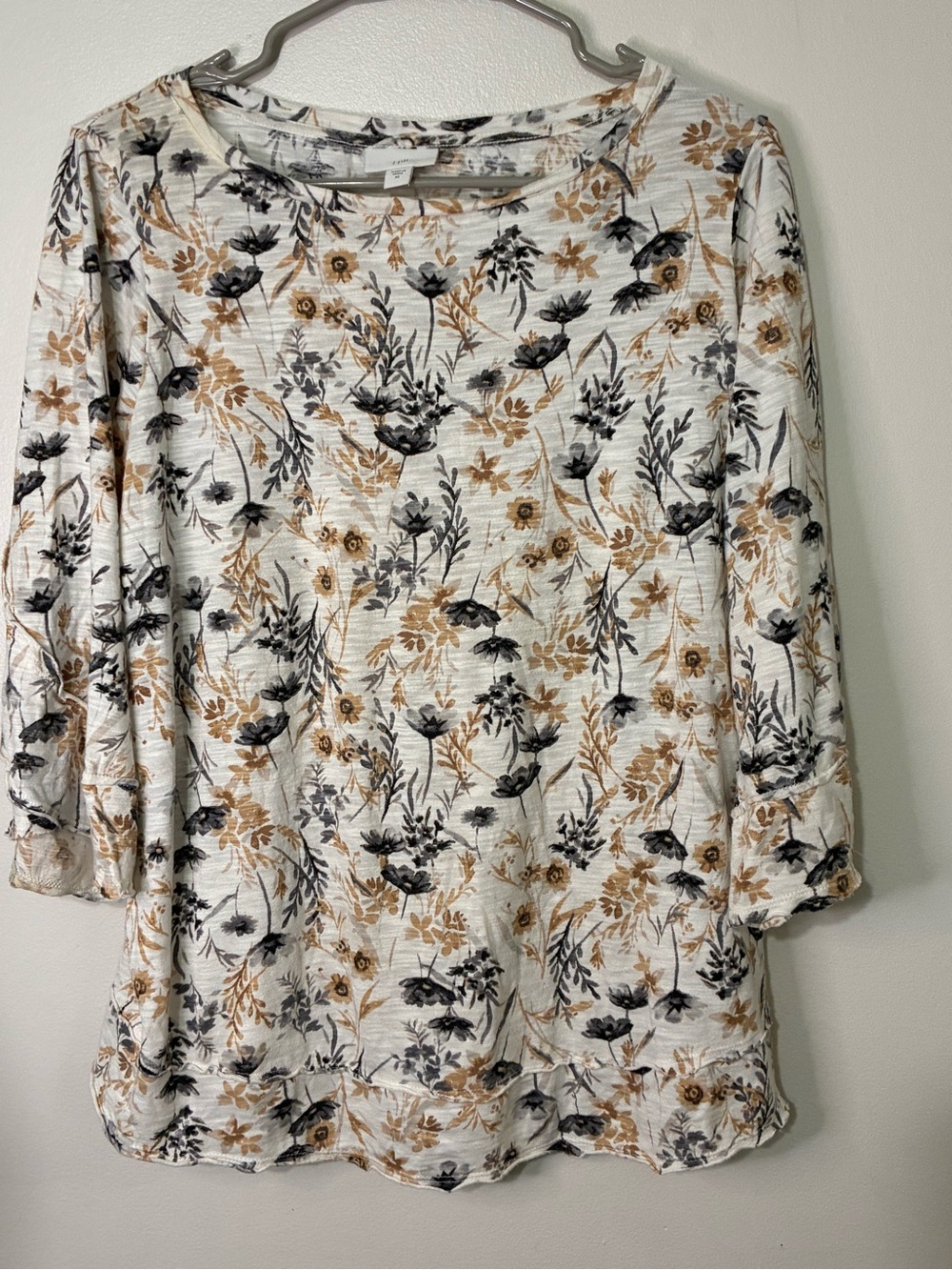 J. Jill Cream Long Sleeve Floral Top with Black and Tan Print